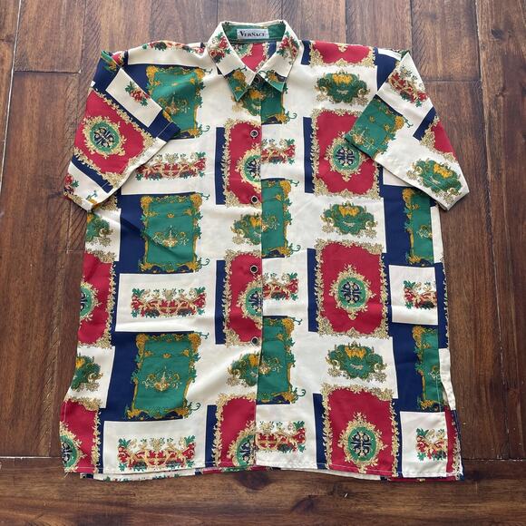 Versace Shirt Womens XL Multicolor Baroque Print Allover Button Down - Picture 2 of 11
